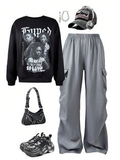 Teenage Girl's Streetwear Vintage Graphic Sweatshirt And Cargo Pants 2-Piece Outfit Set Black Casual  Long Sleeve Knitted Fabric,Woven Fabric Animal,Figure,Letter  Slight Stretch Spring/Fall,Fall/Winter Teen Girls Clothing, size features are:Bust: ,Length: ,Sleeve Length: 90s Fashion Sweatpants, Sweatshirt With Cargo Pants, Aesthetic Clothes For Winter, Christmas Wishlist Y2k, Hyunjin Clothes Style, Cute And Comfortable Outfits, Chill School Fits, Cute Baggy Clothes, Alt Winter Fashion