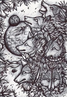 an ink drawing of three wolfs in the woods