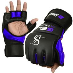 a pair of black and purple gloves with one hand holding the other's thumb