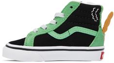 High-top paneled suede and canvas sneakers in black and green. · Lace-up closure · Textile logo patch and pull-loop at tongue · Quilted padded collar · Zip closure and graphic printed at outer side · Grained leather signature stripe at sides · Graphic appliqué at heel counter · Terrycloth lining · Treaded rubber sole Supplier color: Green/Black Vans US size: child's foot length 4.5: 4.5 / 11.4 cm 5: 4.75 / 11.8 cm 5.5: 4.75 / 12.3 cm 6: 5 / 12.6 cm 6.5: 5 / 13 cm 7: 5.25 / 13.5 cm 7.5: 5.5 / 13. Green Vans Sneakers With Rubber Sole, Green Sneakers With Padded Tongue For Sports, Sporty Vans Skate Shoes For School, Green High-top Skate Shoes For Sports, Green Sneakers With Padded Tongue, Green Sporty Sneakers With Padded Tongue, Vans High-top Green Skate Shoes, Vans Green High-top Skate Shoes, Green Vans Sneakers With Vulcanized Sole