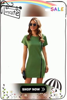 Green Side Zipper T Shirt Dress Summer Short Sleeve Dress With Side Zipper, Casual Mini Dress With Side Zipper, Casual Mini Dress With Zipper Closure, Green Short Sleeve T-shirt Dress For Spring, Green Cotton T-shirt Dress For Spring, Casual Green T-shirt With Side Pockets, Casual Green Short Sleeve T-shirt Dress, Casual Green Cotton T-shirt Dress, Color Pick