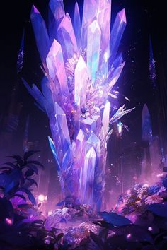 an artistic scene with crystals and plants in the foreground