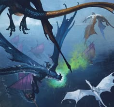 several dragon like creatures flying in the air