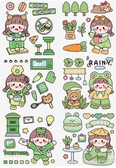 some stickers that are on the side of a white sheet with green and yellow designs