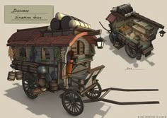 an old fashioned wagon with some sort of house on the back