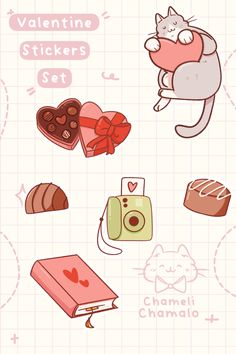 the valentine stickers set includes chocolates, candies and candy bars with hearts on them