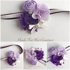 purple and white flower corsage with matching ribbon