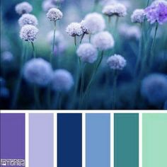 the color scheme is blue, green and purple with white dandelions in it