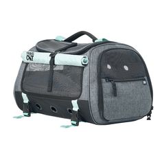 a large dog carrier with wheels on the front and side, attached to it's back