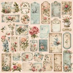 a large collection of paper with flowers and tags on it's sides, all in pastel colors