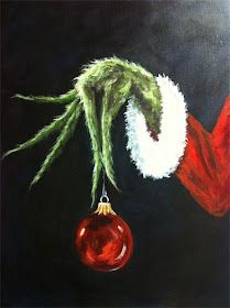 an acrylic painting of a christmas ornament hanging from a tree branch