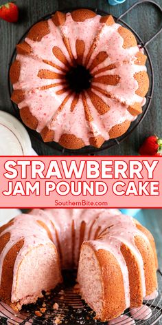 a strawberry jam pound cake on a wire rack