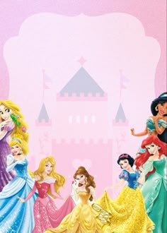 there are many princesses standing in front of a pink castle with the words disney on it