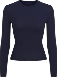 Stretch Long Sleeve T-shirt With Thumbholes, Long Sleeve Tops For Layering With Minimal Stretch, Long Sleeve Tops With Minimal Stretch For Layering, Casual Second-skin Long Sleeve Tops, Fitted Long Sleeve T-shirt For Layering, Long Sleeve Seamless Soft Stretch Top, Seamless Soft Stretch Long Sleeve Tops, Soft Stretch Seamless Long Sleeve Tops, Basic Long Sleeve Fitted T-shirt