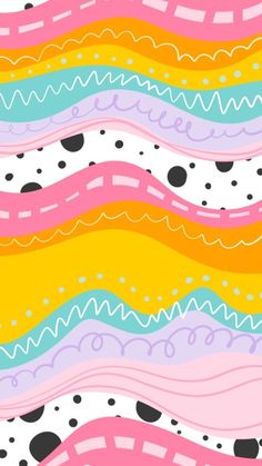 an abstract pattern with wavy lines and dots in pink, yellow, blue, orange, and white