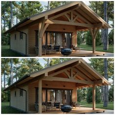 two pictures of a small house with porches and grilling area in the front