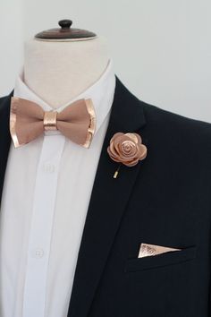 These are genuine soft lamb leather bow ties and lapel flower combinations made in EU. Other colors available. This is MADE TO ORDER. This unique and eye-catching leather bow tie is handcrafted in Slovenia in Europe with high quality soft italian lamb leather. It suits a variety of styles, from a Ties For Men Wedding, Rose Gold Suit Men Quince, Rose Gold Pocket Square, Rose Gold Mens Suit, Rose Gold Ties For Men, Rose Gold Suit Men, Rose Gold Suit, Rose Gold Wedding Flowers