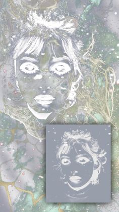 a drawing of a woman's face on a gray background with white and green paint splatters