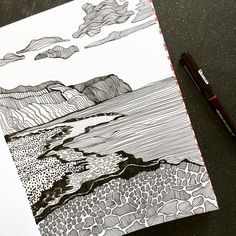 an ink drawing of a landscape with mountains and clouds in the background, along with a red marker