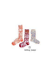 three socks with different designs on them and the words woolly socks written in white