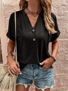 🚚FREE Shipping on orders over $100 ✨ use Code: "Mylook" for Extra Discount at checkout ﻿- 📏Sizing: run a little small 📏 MsDressly® Exclusive! Not only will this Women’s T-Shirts Solid Color Button Loose Short Sleeve T-Shirt, but it will also show off your fashion sense! The v-neck and short sleeve maintain the classic T-shirt shape of this shirt. Gender: Women Type: Tops Feature: Button, Loose Material: 65% Cotton, 35% Polyester Care: Hand Wash Cold. Do Not Bleach. Line Dry. Iron Low Heat Style: Casual/Fashion Color: Black, Pink, Blue, Green, Gray, DarkGray, Khaki, Navy Size: S, M, L, XL, 2XL Please Note: All Dimensions Are Measured Manually With A Deviation Of 1 To 3cm. Button Fashion, Mini Robes, Maxi Robes, Short Sleeve Pattern, Loose Shorts, Heat Styling Products, V Neck Blouse, Look Plus, Look Casual