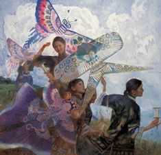 a painting of some people holding kites in their hands