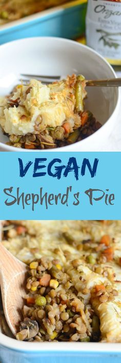 vegan shepherdd's pie in a blue casserole dish