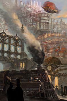 a steam engine train traveling through a city with lots of tall buildings and clock towers