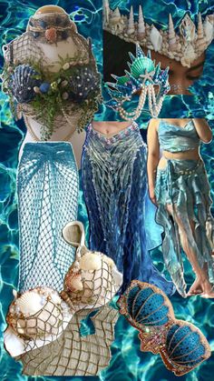 a collage of different types of clothing and accessories in blue water with shells on the bottom