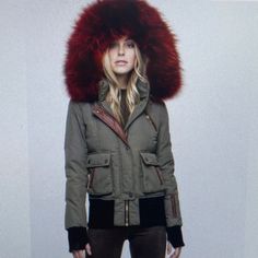 Military Green Hooded Puffer Coat With Real Fox Fur Red Hood . Luxury Red Fall Outerwear, Red Fitted Outerwear With Faux Fur Trim, Fitted Red Outerwear With Faux Fur Trim, Red Fur, Red Hood, Fox Fur, Military Green, Puffer Coat, Puffer