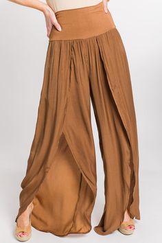 Split Pants, Bronze :: NEW ARRIVALS :: The Blue Door Boutique Casual Pants With Side Slits, Chic Solid Color Bottoms With Split Design, Versatile Wide Leg Brown Pants, Stretch Brown Wide Leg Pants For Loungewear, Brown Versatile Wide-leg Pants, Versatile Brown Wide-leg Pants, Brown Stretch Pants With Elastic Waistband, Stretch Brown Pants With Elastic Waistband, Brown Stretch Ankle-length Wide Leg Pants