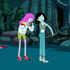 two cartoon characters standing in front of trees and rocks, one has her hand on the other's shoulder