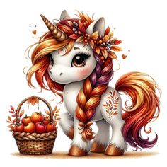 a cute little unicorn with long hair and an apple basket