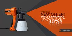 an orange and black blow dryer with the words new offer tools & hardware up to 30 % off