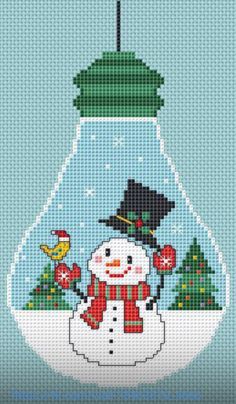 a cross stitch snowman in a glass vase