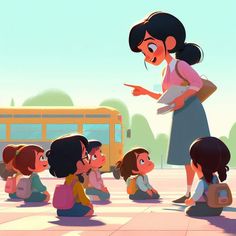 a woman standing in front of a group of children sitting on the ground next to a school bus