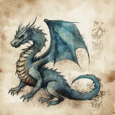 a drawing of a blue dragon sitting on top of a piece of paper with watercolor paint