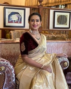 Swapna Reddy 🧿 | Adorning tissue ✨feeling like royalty.” The Gold Tissue with hand embroidered border, intricately woven with Zari and Zardosi,extends to a… | Instagram Velvet Blouse Design, Bollywood Designer Sarees, Golden Saree, Lace Saree, Fancy Sarees Party Wear, Tissue Saree, Saree Designs Party Wear, Wedding Silk Saree