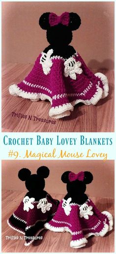 the crochet baby lovey blankets are made to look like minnie mouses