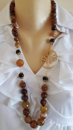 Bijoux Art Nouveau, Brown Agate, White Pearl Necklace, Ceramic Pendant, Homemade Jewelry, Jewelry Design Necklace, Girly Jewelry, Bead Jewellery