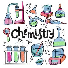 the word chemistry surrounded by science related items