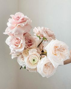 a person holding a bouquet of flowers in their hand with the background painted off white