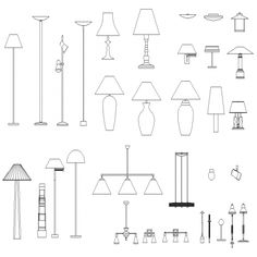 an assortment of lamps and floor lamps are shown in black and white, including one with a lamp shade