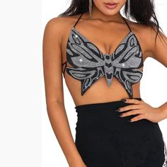 Black Sequin Butterfly Top. Size Medium. Rhinestone Embellished Butterfly Silhouette. Halter Neck/ Cropped. Open Back. Self Tie Closures. Approximate Measurements Pit To Pit 12” Length 15" Swarovski Butterfly, Sequin Butterfly, Butterfly Silhouette, Outfit Short, Sequin Crop Top, Butterfly Top, Black Sequins, Halter Neck, Casual Outfit