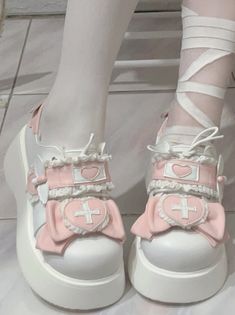 Cute Closed Toe Synthetic Sneakers, White Platform Sneakers With Closed Toe, Kawaii Boots, Peach Clothes, Cute Shoes Heels, Kawaii Shoes, Kawaii Core, Fashion Inspiration Board, Kawaii Accessories