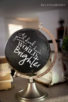 a black and white globe with the words world's biggest written on it in cursive writing