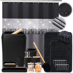 black and silver bathroom accessories including toiletries