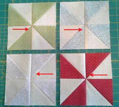 four quilt blocks with red and green squares on them, one has an arrow pointing to the center