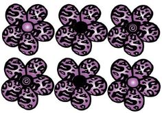 purple leopard print flowers with black centers on each flower and the center is surrounded by smaller dots