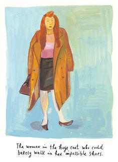 a drawing of a woman in a yellow coat and black skirt, holding a brown purse